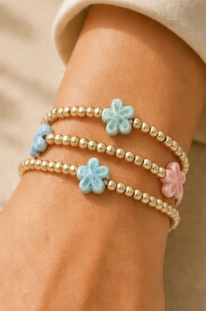 Ceramic Flower Charm Metal Beaded Bracelet Set