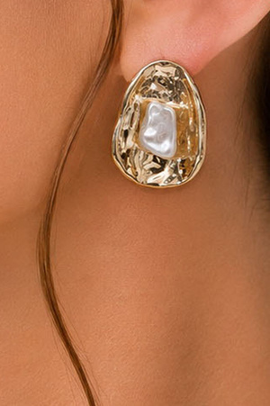 Modern Organic Pearl Hammered Post Earrings