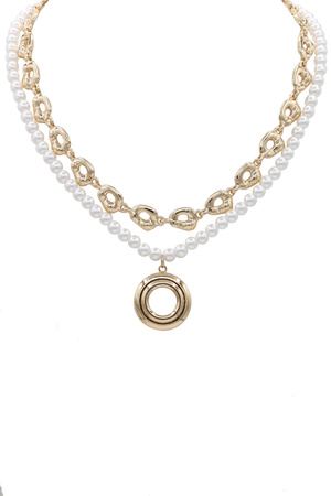 Layered Chain & Pearl Necklace with Circle Pendant