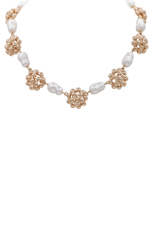 Elegant Metal Flower & Pearl Link Necklace