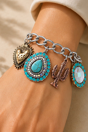 Turquoise Accent Western Charm Link Bracelet