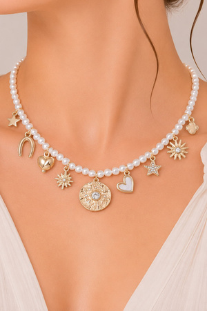 Multi-Charm Pearl Accent Statement Necklace