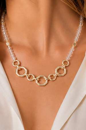 Geometric Metal Link & Crystal Bead Necklace