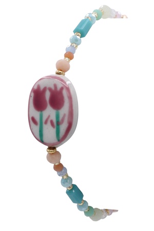 Floral Painted Ceramic Charm Glass Bead Bracelet