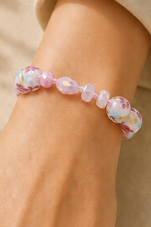 Flower Painted Glass Beaded Stretch Bracelet