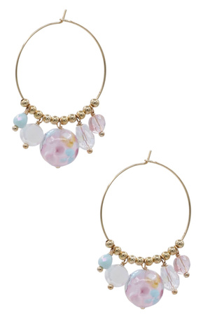 Floral Pink Glass Bead Gold-Tone Hoop Earrings