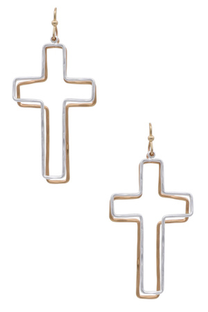 Classic Two-Tone Metal Layered Cross Drop Earrings