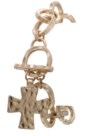 Hammered Oval Chain Cross Charm Toggle Bracelet