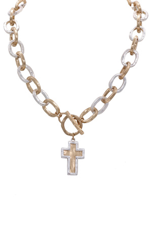 Hammered Oval Chain Dual Cross Charm Toggle Necklace