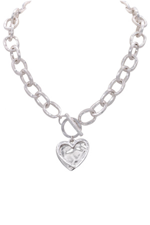 Hammered Oval Chain Dual Heart Charm Toggle Necklace