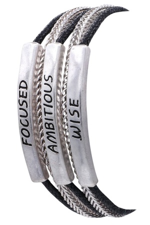Inspirational Metal Plaque Bracelet Focused, Ambitious, Wise