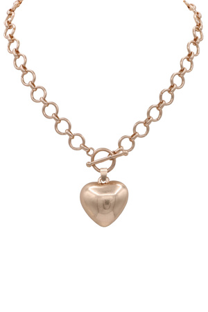 Metal Circle Link Chain Puffy Heart Toggle Necklace