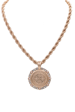 Crystal  Pearl Coin Pendant Necklace