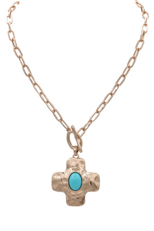 Metal Cross Pendant Acrylic Stone Toggle Necklace