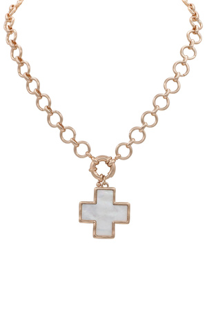 Metal Circle Link MOP Cross Pendant Necklace