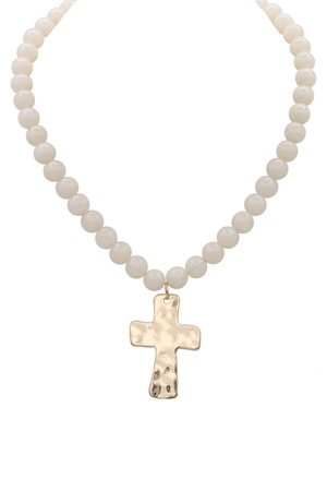 Resin Beaded Necklace with Hammered Gold Cross Pendant