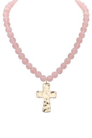 Resin Beaded Necklace with Hammered Gold Cross Pendant