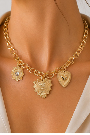 Textured Circle Chain Linked Heart Charm Necklace