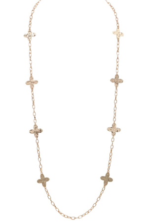 Metal Chain Hammered Diamond Flower Station Long Necklace