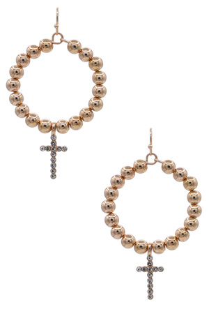 Beaded Hoop Rhinestone Cross Charm Earrings