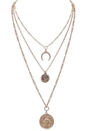 Metal Trio Layered Horse Coin & Crescent Charm Necklace