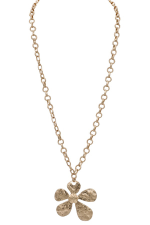 Metal Textured Open Center Flower Pendant Long Necklace