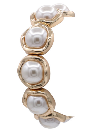 Gold Round Cream Pearl Cabochon Stretch Bracelet