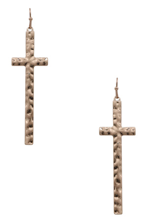 Hammered Skinny Long Cross Earrings
