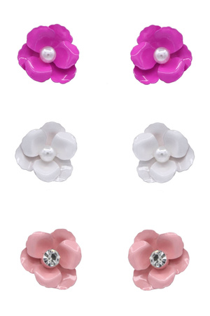 Metal CC Flower Post Earrings 3-Piece Set