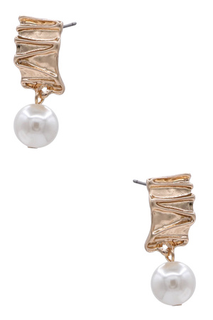 Textured Metal Rectangle Stud Earrings with Pearl Accent