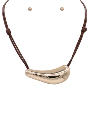 Cord Necklace with Organic Metal Pendant & Matching Earrings
