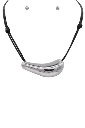 Cord Necklace with Organic Metal Pendant & Matching Earrings