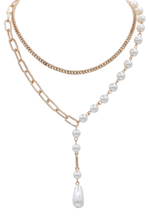 Layered Pearl Paperclip Necklace Set with Teardrop Pendant