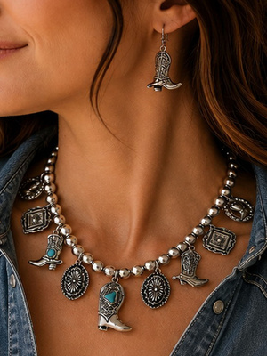 Western Cowboy Boot Charm Beaded Necklace