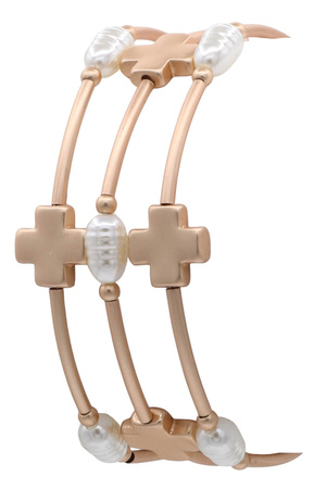 Metal Pearl Cross Bar Stackable Stretch Bracelet Set