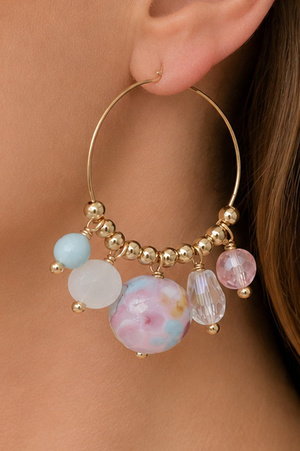 Floral Pink Glass Bead Gold-Tone Hoop Earrings