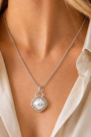 Two-Tone Square Gemstone Pendant Necklace