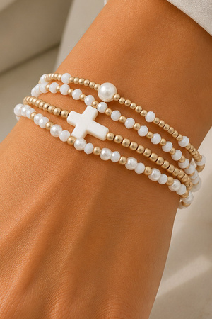 Cross Charm Multi-Strand Stretch Bracelet