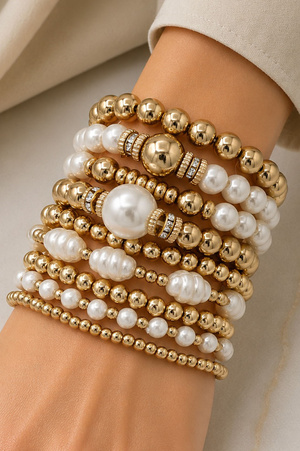 Layered Pearl and Gold Stretch Bracelet Stack