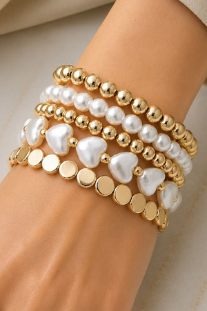 Mixed Pearl Heart Layered Stretch Bracelet Stack