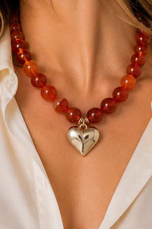 Chunky Resin Bead Necklace with Puffy Heart Pendant