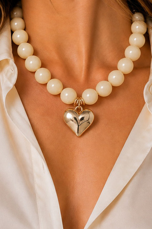 Chunky Resin Bead Necklace with Puffy Heart Pendant