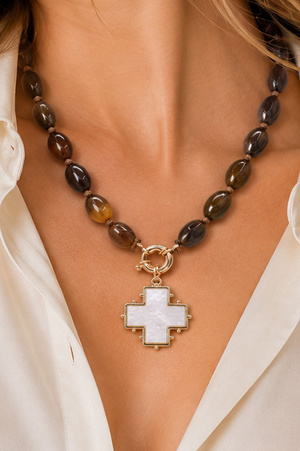 Cross Pendant Knotted Beaded Necklace