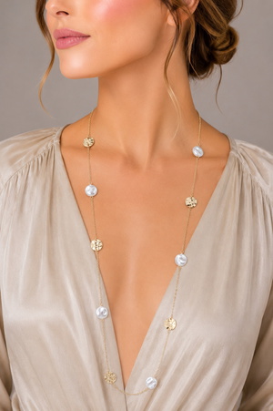 Hammered Disc & Pearl Station Long Necklace