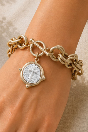 Two-Tone Cross Medallion Toggle Bracelet