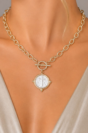 Two-Tone Cross Medallion Toggle Necklace