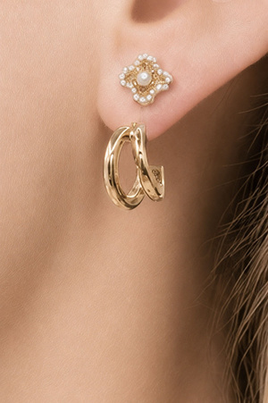 Pearl Cluster Stud & Gold Hoop Earring Set