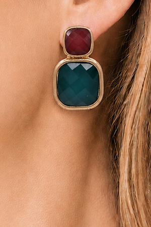 Gold Dipped Double Square Epoxy Stone Drop Earrings