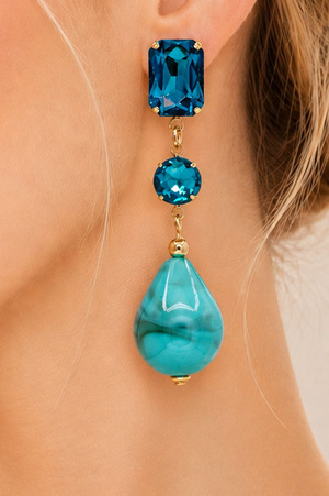 Gold Dipped Epoxy Stone & Rhinestone Drop Earrings