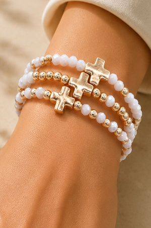 Cross & Beaded Stretch Bracelet Set